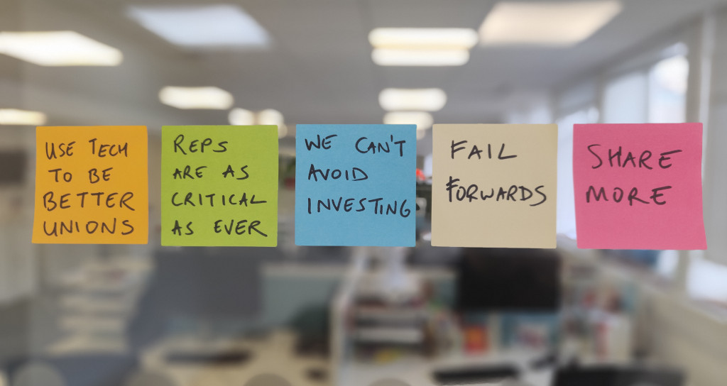 Five lessons on leadership for union digital change – written on post-it notes