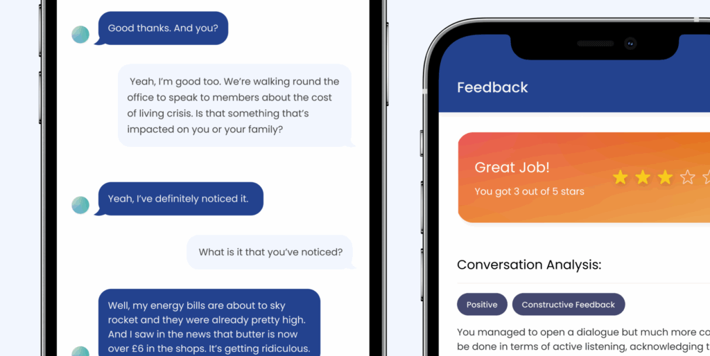 Screenshots of the PCS AI chatbot, showing it operating on mobile.